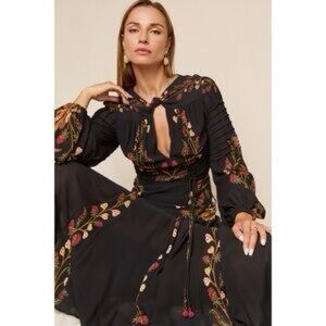 FARM Rio Black Berry Garden Long Sleeve Pleated Maxi Dress Size S EUC